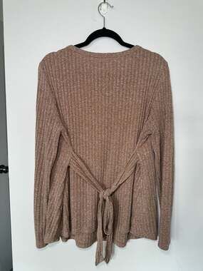 Tie-Back Ribbed Knit Long Sleeve Top Size XL Brown